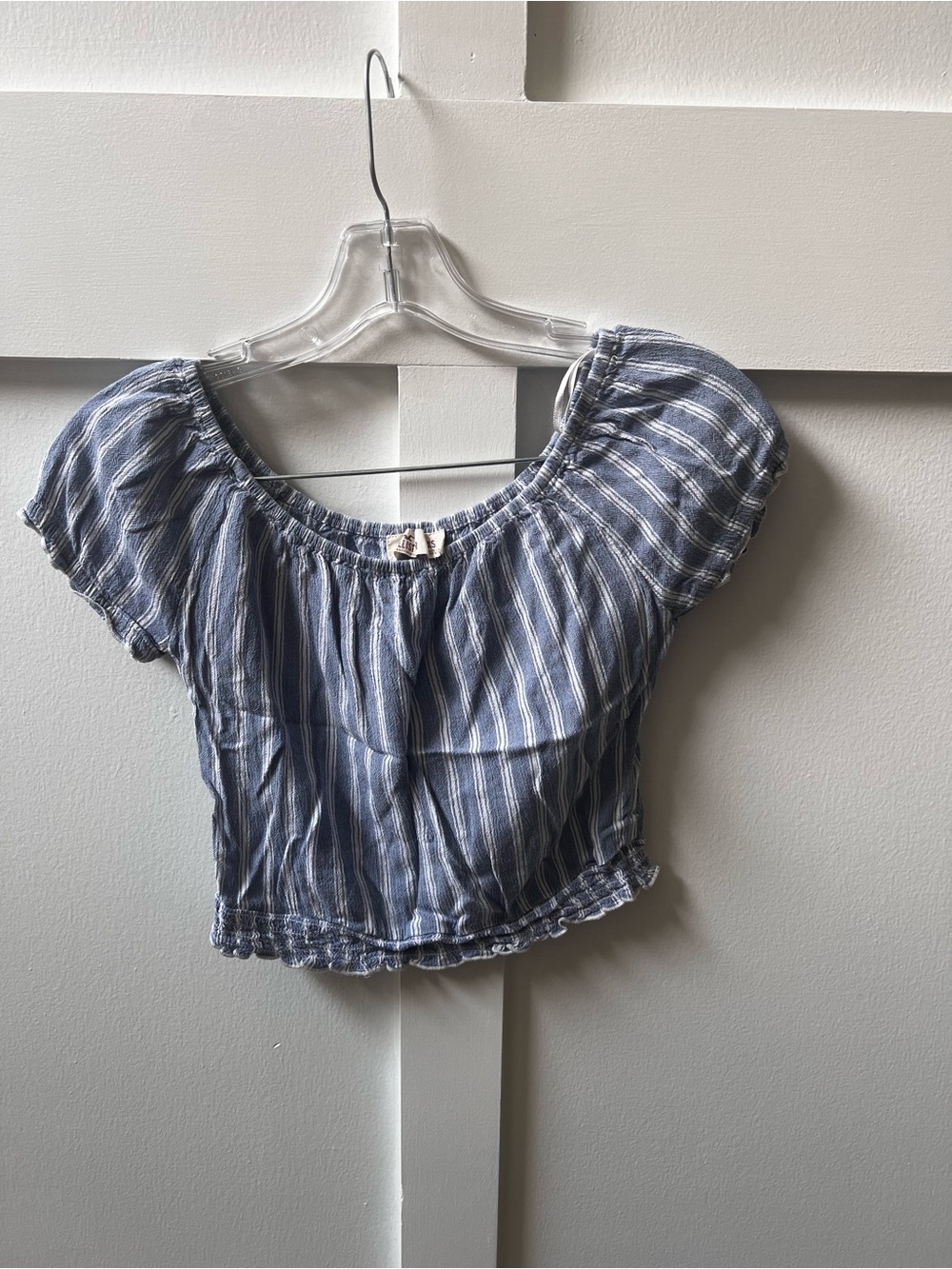 Hollister Blue and White Striped Cropped Peasant Top